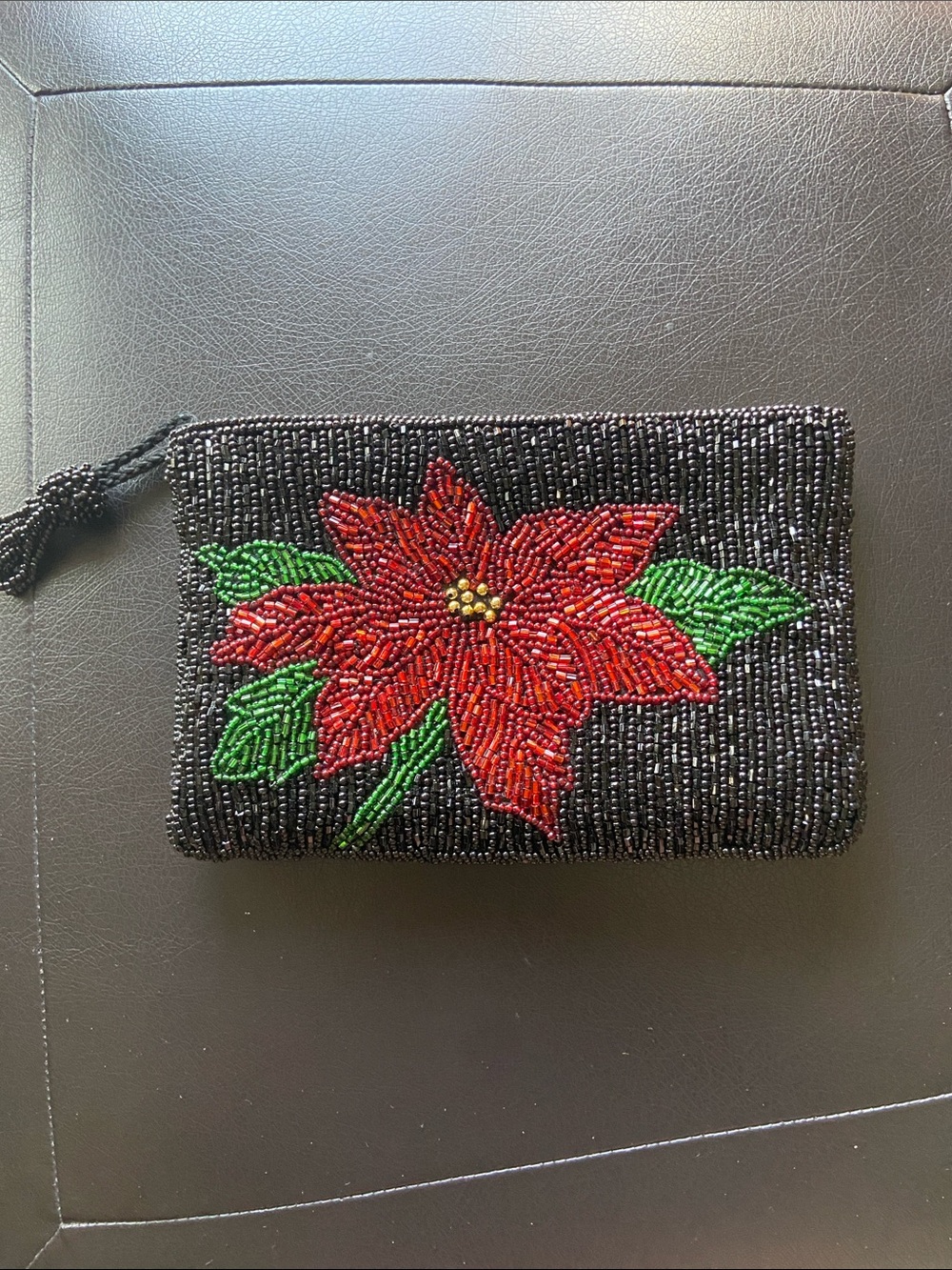 Beaded Poinsettia Coin Purse Black Red Green Christmas Holiday